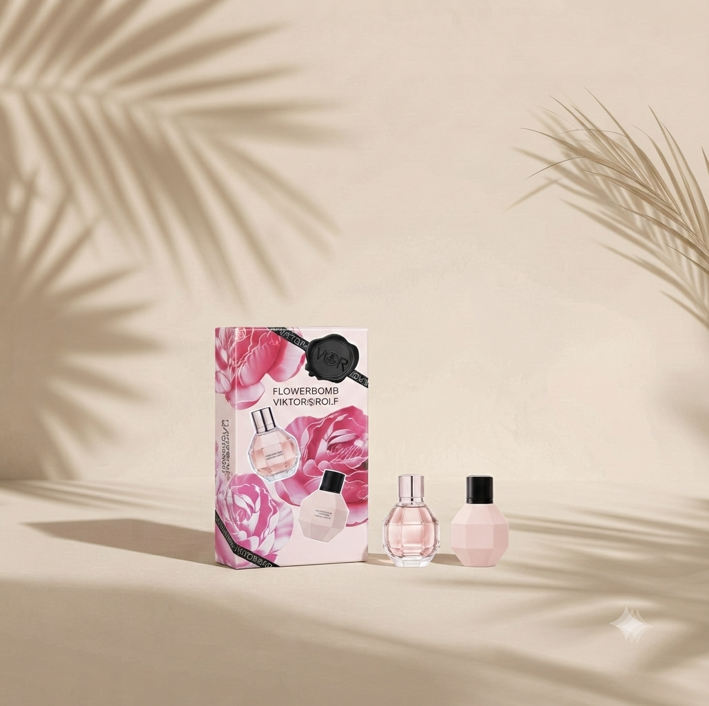 A perfume gift set featuring a floral pink box labeled 'FLOWERBOMS VINTERSLOT' alongside two small perfume bottles, styled on a beige surface with palm leaf shadows.